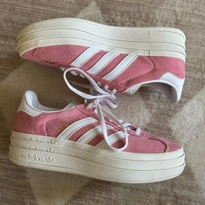 adidas  Gazelle Pink Suede Platform Sneakers with White Stripes